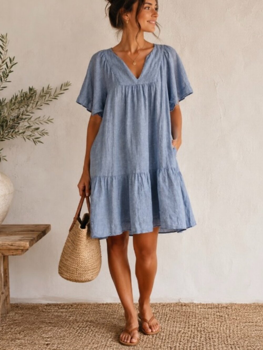 Women's linen blend chambray dress uk 12 Us 8 boho travel cottage core